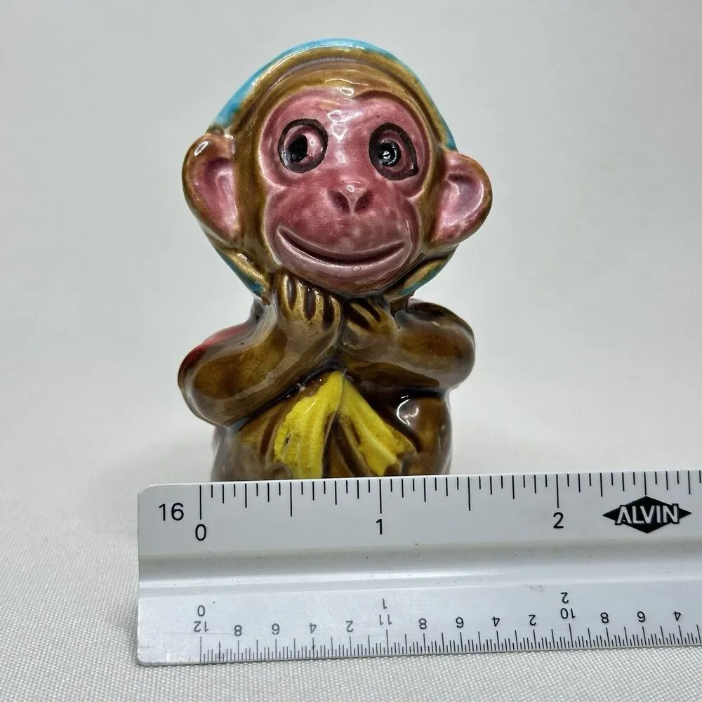 Vintage Japan Monkey Salt Pepper Shakers Ceramic Bonnet & Top Hat Pair Corks